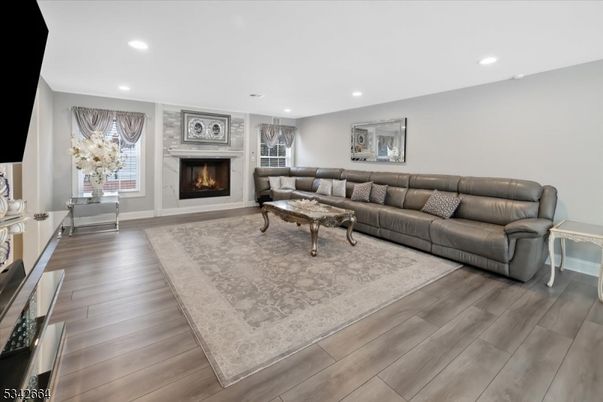 Fireplace, Interior, Living room, Pendant Lights, Recessed Lighting, Wood Texture Flooring