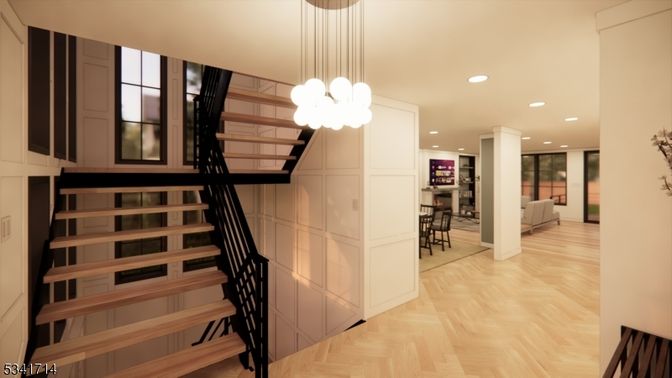 Dining room, Interior, Pendant Lights, Recessed Lighting, Wood Texture Flooring
