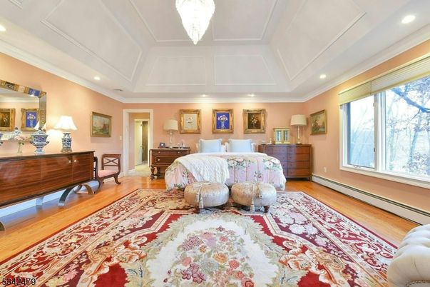 Bedroom, Chandelier, Interior, Recessed Lighting, Wood Texture Flooring