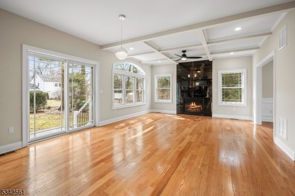 Empty room, Fireplace, Interior, Pendant Lights, Recessed Lighting, Wood Texture Flooring