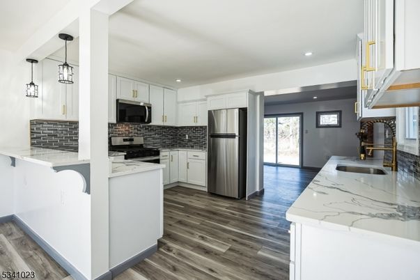 Interior, Kitchen, Pendant Lights, Recessed Lighting, Stainless Steel Appliances, Wood Texture Flooring