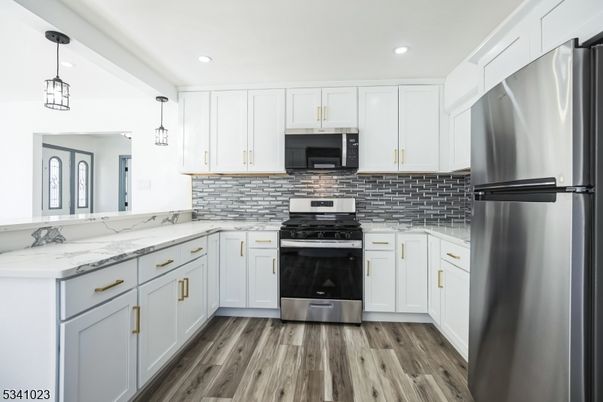 Interior, Kitchen, Pendant Lights, Recessed Lighting, Stainless Steel Appliances, Wood Texture Flooring