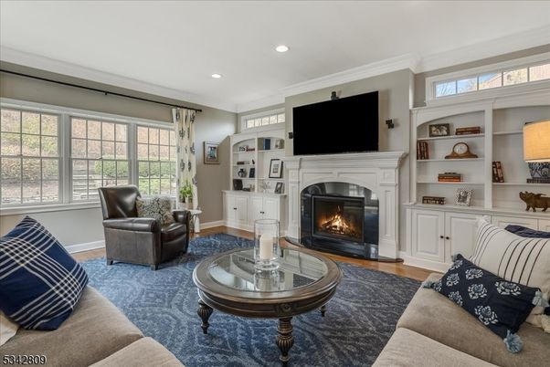 Fireplace, Interior, Living room, Recessed Lighting, Wood Texture Flooring