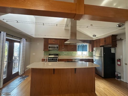 Interior, Kitchen, Stainless Steel Appliances, Wooden Beams, Wood Texture Flooring
