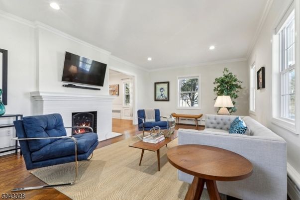 Fireplace, Interior, Living room, Recessed Lighting, Wood Texture Flooring