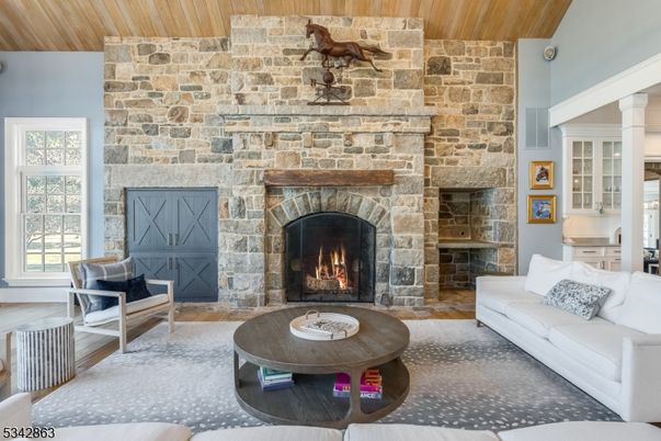 Fireplace, Interior, Living room, Stone Walls, Wooden Ceilings, Wood Texture Flooring