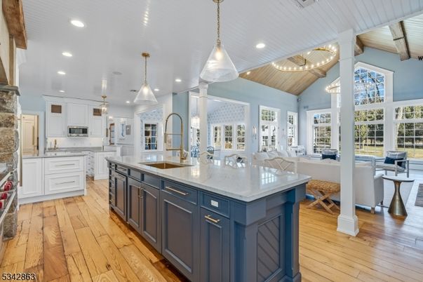 Interior, Kitchen, Pendant Lights, Recessed Lighting, Stainless Steel Appliances, Wooden Ceilings, Wood Texture Flooring