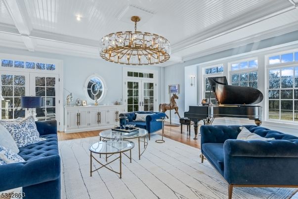 Chandelier, Interior, Living room, Piano, Recessed Lighting, Wood Texture Flooring