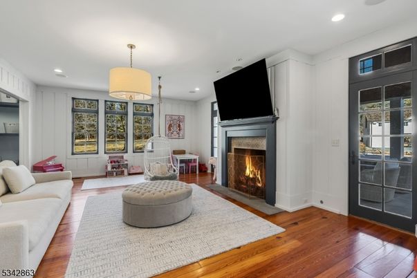 Fireplace, Interior, Living room, Recessed Lighting, Wood Texture Flooring