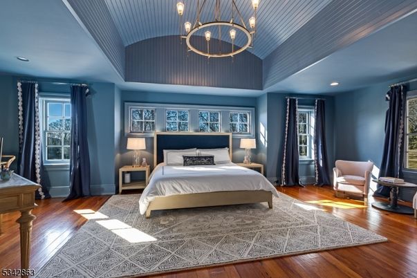 Bedroom, Chandelier, Interior, Recessed Lighting, Wood Texture Flooring