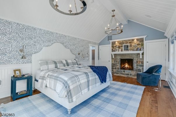 Bedroom, Chandelier, Fireplace, Interior, Wood Texture Flooring