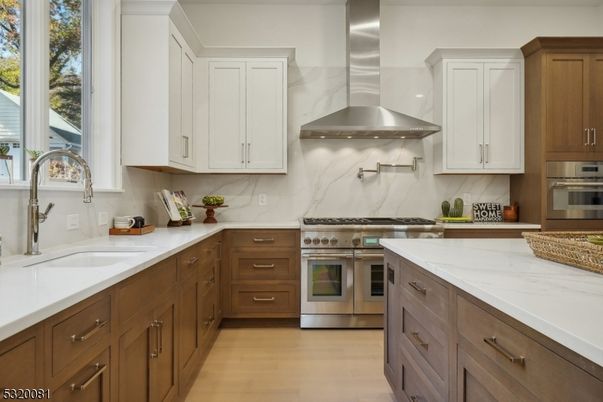 Interior, Kitchen, Marble Walls, Stainless Steel Appliances, Wood Texture Flooring