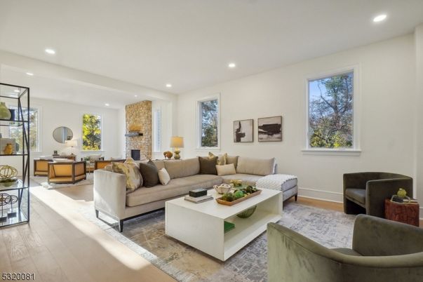 Fireplace, Interior, Living room, Recessed Lighting, Wood Texture Flooring