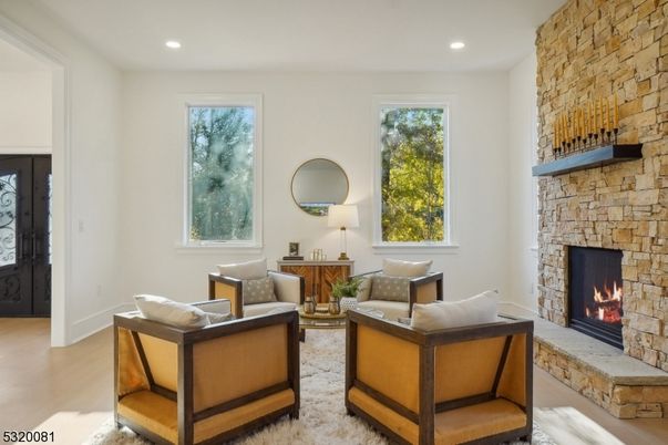 Fireplace, Interior, Living room, Recessed Lighting, Stone Walls