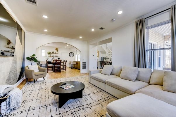 Dining room, Interior, Living room, Recessed Lighting, Wood Texture Flooring