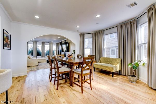Dining room, Interior, Living room, Recessed Lighting, Wood Texture Flooring