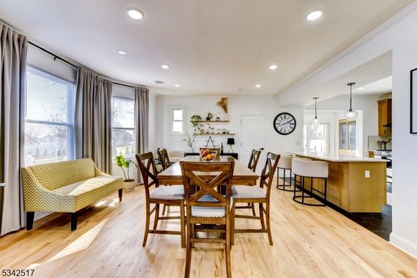 Dining room, Interior, Pendant Lights, Recessed Lighting, Wood Texture Flooring