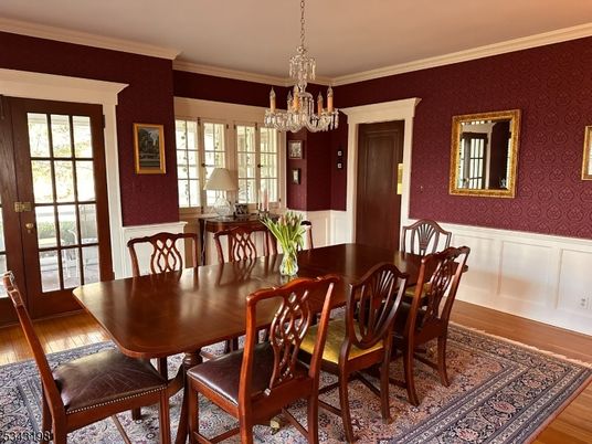 Chandelier, Dining room, Interior, Wood Texture Flooring