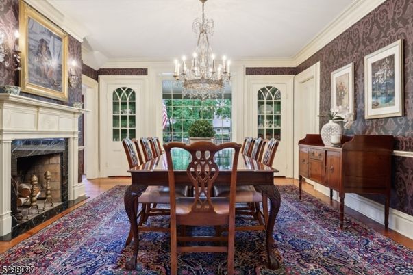 Chandelier, Dining room, Fireplace, Interior, Wood Texture Flooring