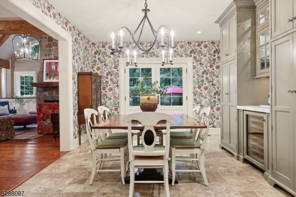 Chandelier, Dining room, Interior, Pendant Lights, Recessed Lighting, Wood Texture Flooring