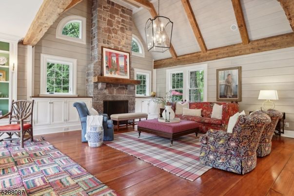 Fireplace, Interior, Living room, Pendant Lights, Stone Walls, Wooden Beams, Wood Texture Flooring