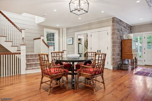 Dining room, Interior, Pendant Lights, Recessed Lighting, Stone Walls, Wood Texture Flooring