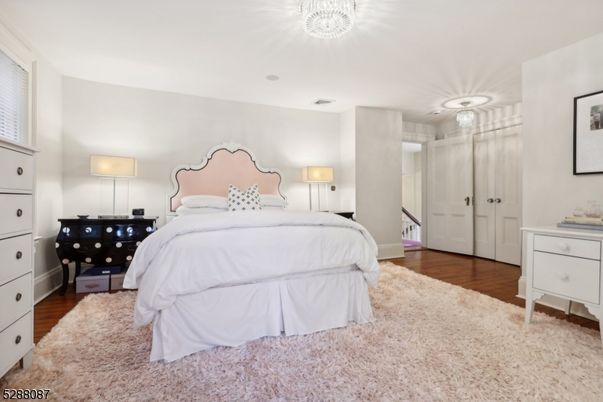 Bedroom, Chandelier, Interior, Wood Texture Flooring