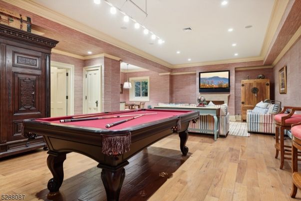 Billiard Table, Game Room, Interior, Pendant Lights, Recessed Lighting, Stone Walls, Wood Texture Flooring