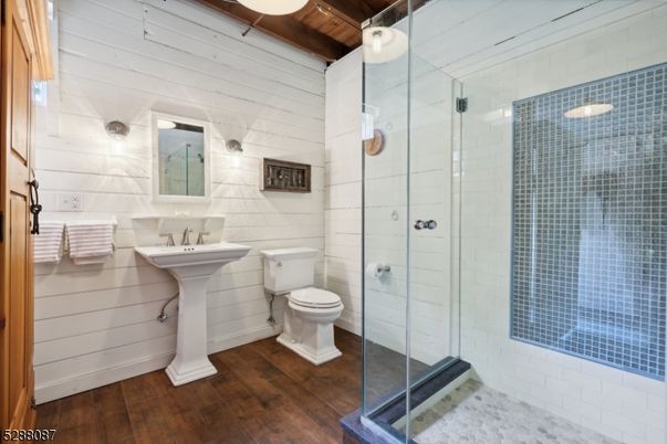 Bathroom, Glass Shower, Interior, Wooden Beams, Wooden Ceilings, Wood Texture Flooring