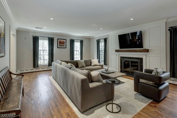 Fireplace, Interior, Living room, Recessed Lighting, Wood Texture Flooring