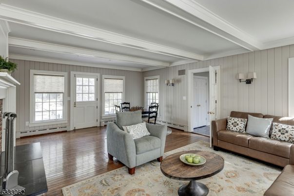 Dining room, Fireplace, Interior, Living room, Wood Texture Flooring