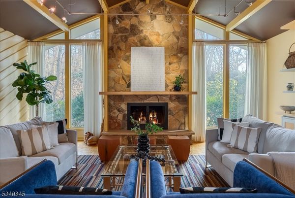 Fireplace, Interior, Living room, Stone Walls, Wood Texture Flooring