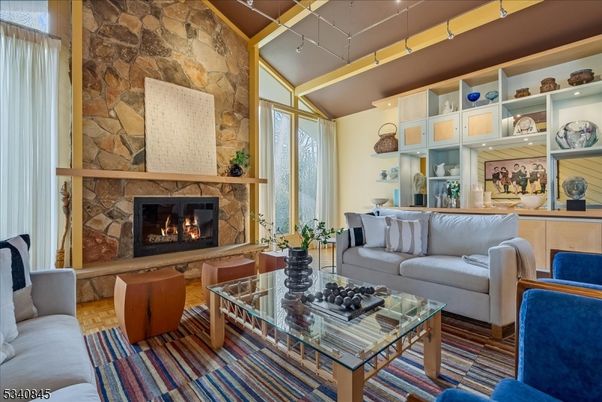 Fireplace, Interior, Living room, Recessed Lighting, Stone Walls