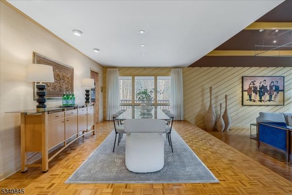 Dining room, Interior, Recessed Lighting, Wood Texture Flooring