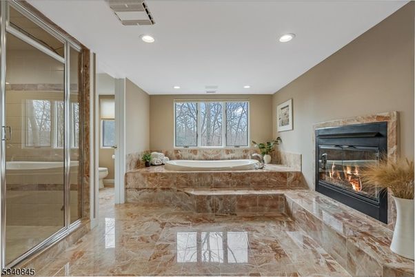 Bathroom, Fireplace, Glass Shower, Interior, Recessed Lighting