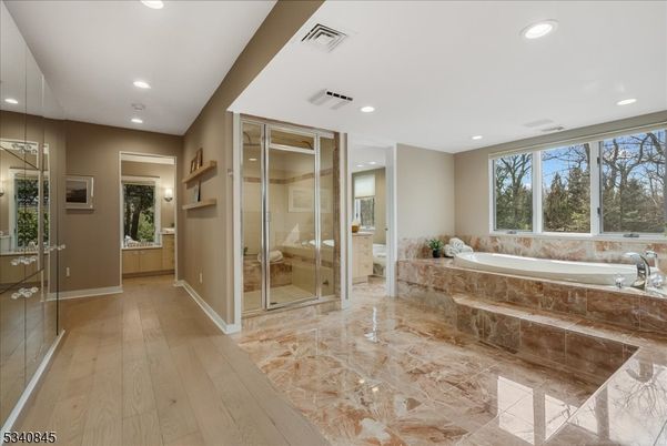 Bathroom, Glass Shower, Interior, Recessed Lighting, Wood Texture Flooring