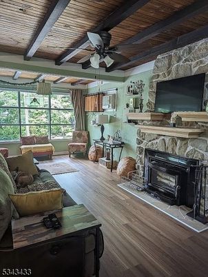 Fireplace, Interior, Living room, Stone Walls, Wooden Beams, Wooden Ceilings, Wood Texture Flooring
