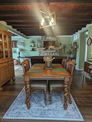 Dining room, Interior, Pendant Lights, Wooden Beams, Wooden Ceilings, Wood Texture Flooring