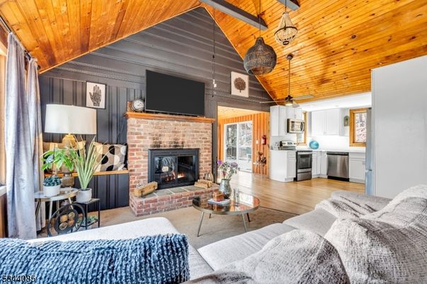 Fireplace, Interior, Kitchen, Living room, Pendant Lights, Wooden Ceilings, Wood Texture Flooring