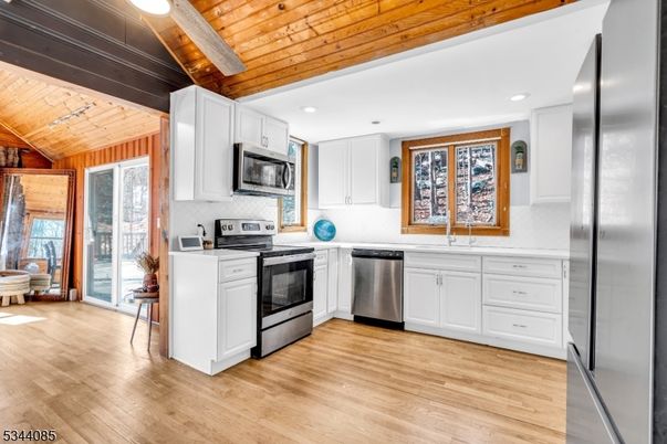 Interior, Kitchen, Recessed Lighting, Stainless Steel Appliances, Wooden Beams, Wooden Ceilings, Wood Texture Flooring