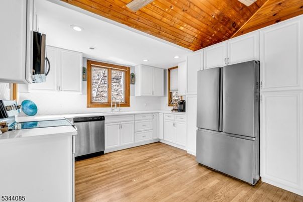 Interior, Kitchen, Recessed Lighting, Stainless Steel Appliances, Wooden Ceilings, Wood Texture Flooring