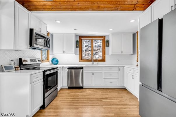 Interior, Kitchen, Recessed Lighting, Stainless Steel Appliances, Wooden Ceilings, Wood Texture Flooring