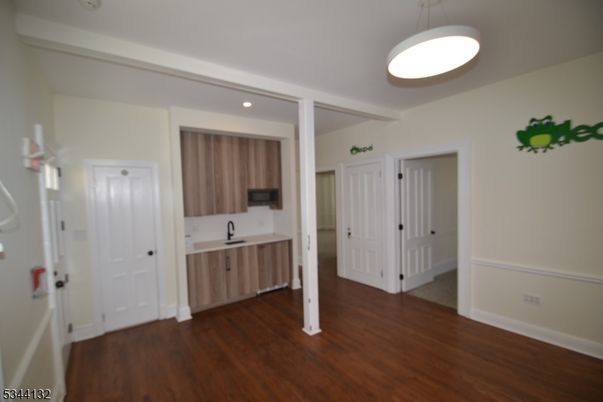 Empty room, Interior, Kitchen, Pendant Lights, Recessed Lighting, Wood Texture Flooring