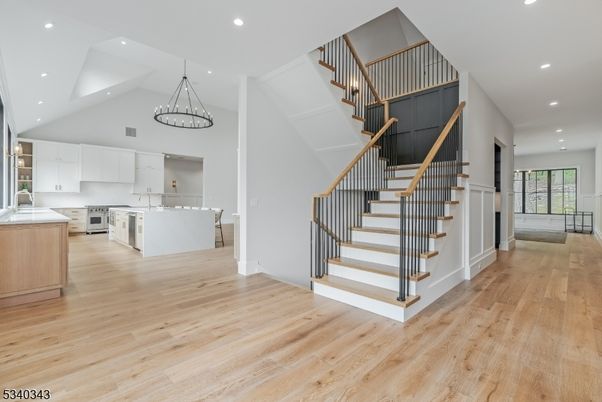 Chandelier, Interior, Kitchen, Pendant Lights, Recessed Lighting, Wood Texture Flooring