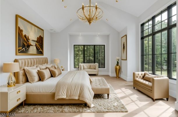 Bedroom, Chandelier, Interior, Recessed Lighting, Wood Texture Flooring