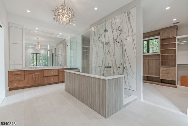 Bathroom, Chandelier, Glass Shower, Interior, Marble Walls, Recessed Lighting