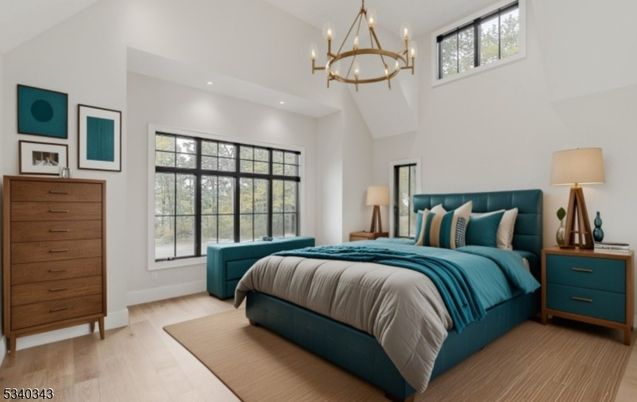 Bedroom, Chandelier, Interior, Recessed Lighting, Wood Texture Flooring