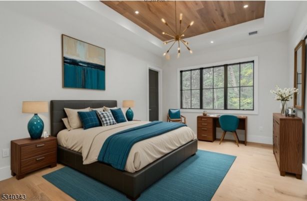 Bedroom, Home Office, Interior, Pendant Lights, Recessed Lighting, Wooden Ceilings, Wood Texture Flooring