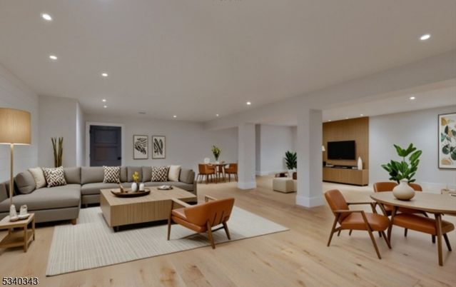 Dining room, Interior, Living room, Recessed Lighting, Wood Texture Flooring