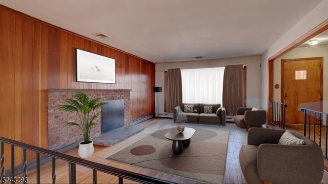 Fireplace, Interior, Living room, Stone Walls, Wood Texture Flooring, Wooden Walls